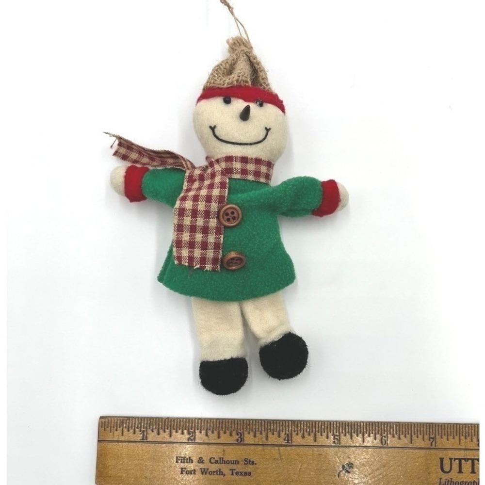 Vintage Style Rustic Snowman Christmas Ornament Green Coat Burlap Hat 7 Inch - Picture 4 of 4